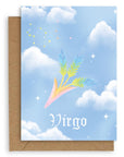 Virgo  Horoscope card with a kraft envelope. The horoscope symbol is painted in rainbow pastel on a blue background with white clouds.