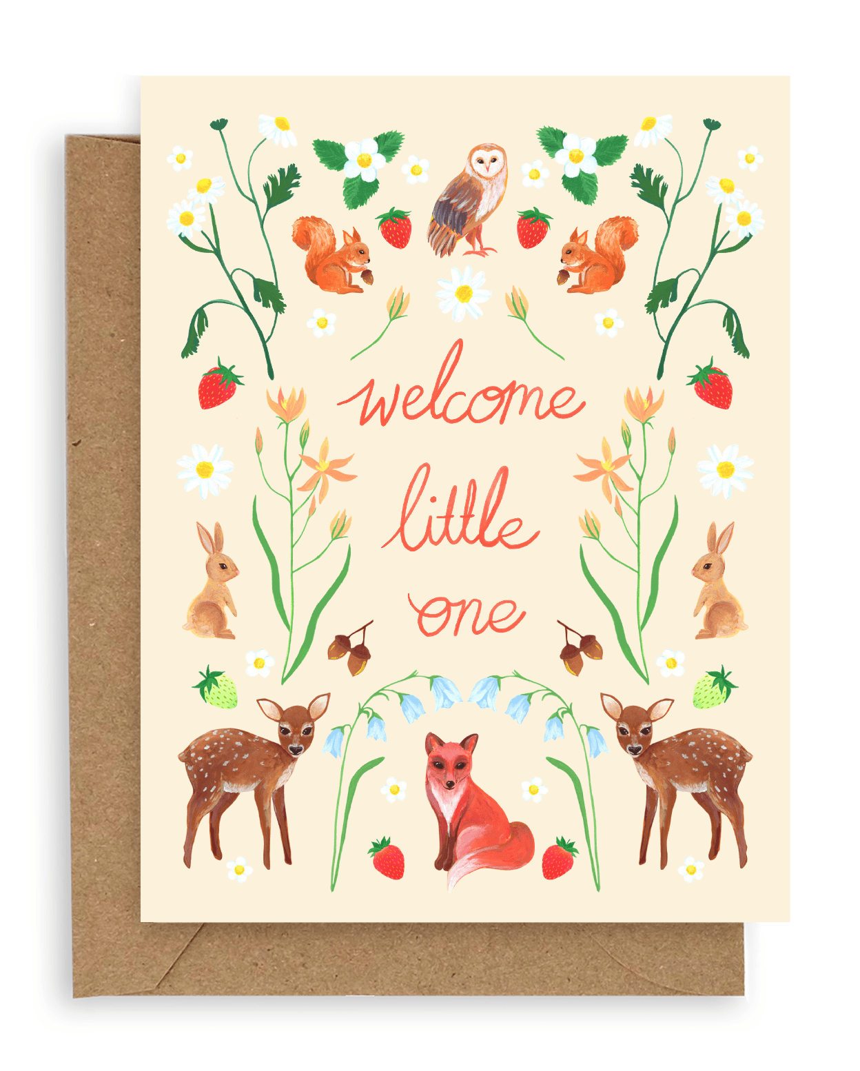 Our exciting new Holiday gift wrap features a stunning array of forest animals and flora. There are Owls, Deer, Rabbits, Squirrels, Foxes, Mushrooms, berries and various kinds of flora with orange, white, red, blue, and yellow blooms above the words "welcome little one" in red font printed on a cream background. Shown with kraft envelope.