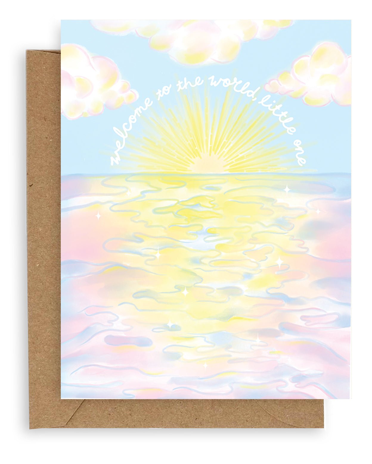 "Welcome To The World Little One" printed in white cursive font bending around a sunset over the ocean with a pink and blue cloudy landscape design printed on cardstock resting on a kraft envelope.