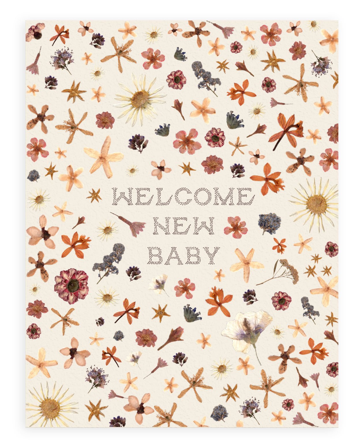 &quot;Welcome New Baby&quot; pointillism font design with tightly spaced pressed flowers on a cream colored background printed on cardstock against a white background.