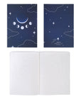 Journal with clouds and moon phases on a dark blue background. Reverse view of dark blue night sky journal with Adelfi logo and a shooting star above it. Inside view of notebook with white lined paper.