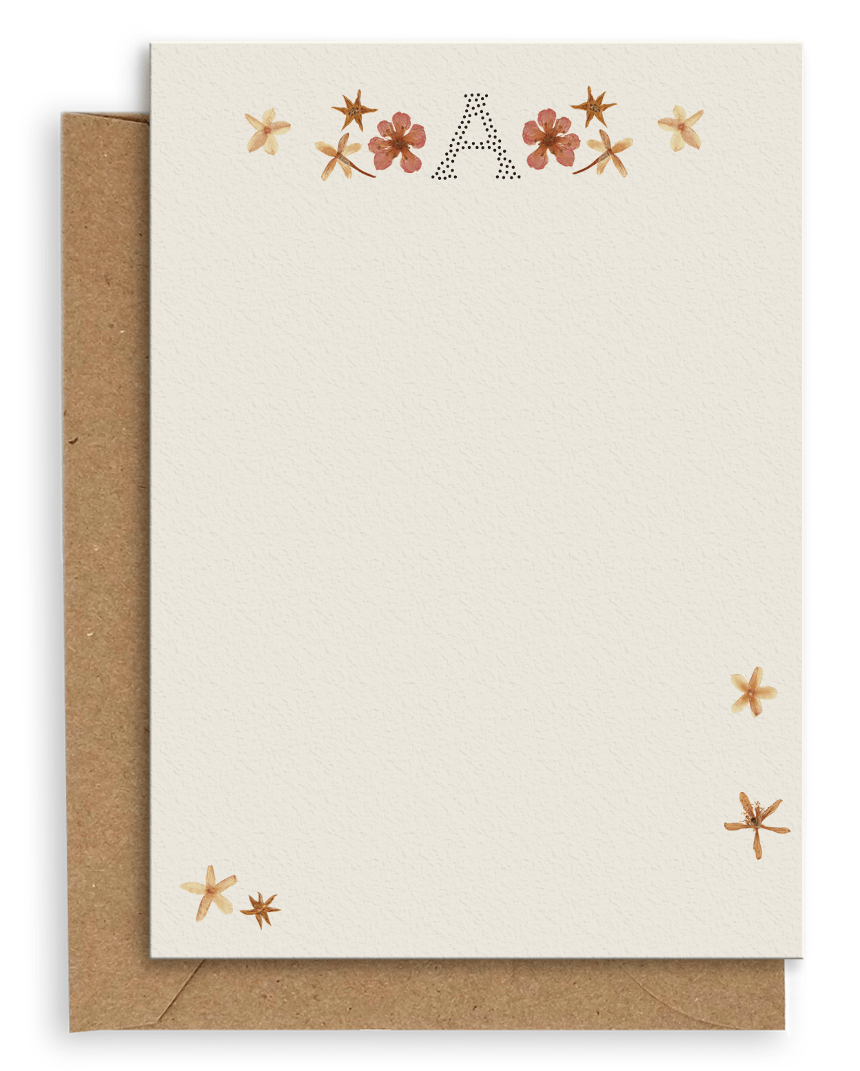 Adelfi monogram "A" notecard with kraft envelopes on a white background.