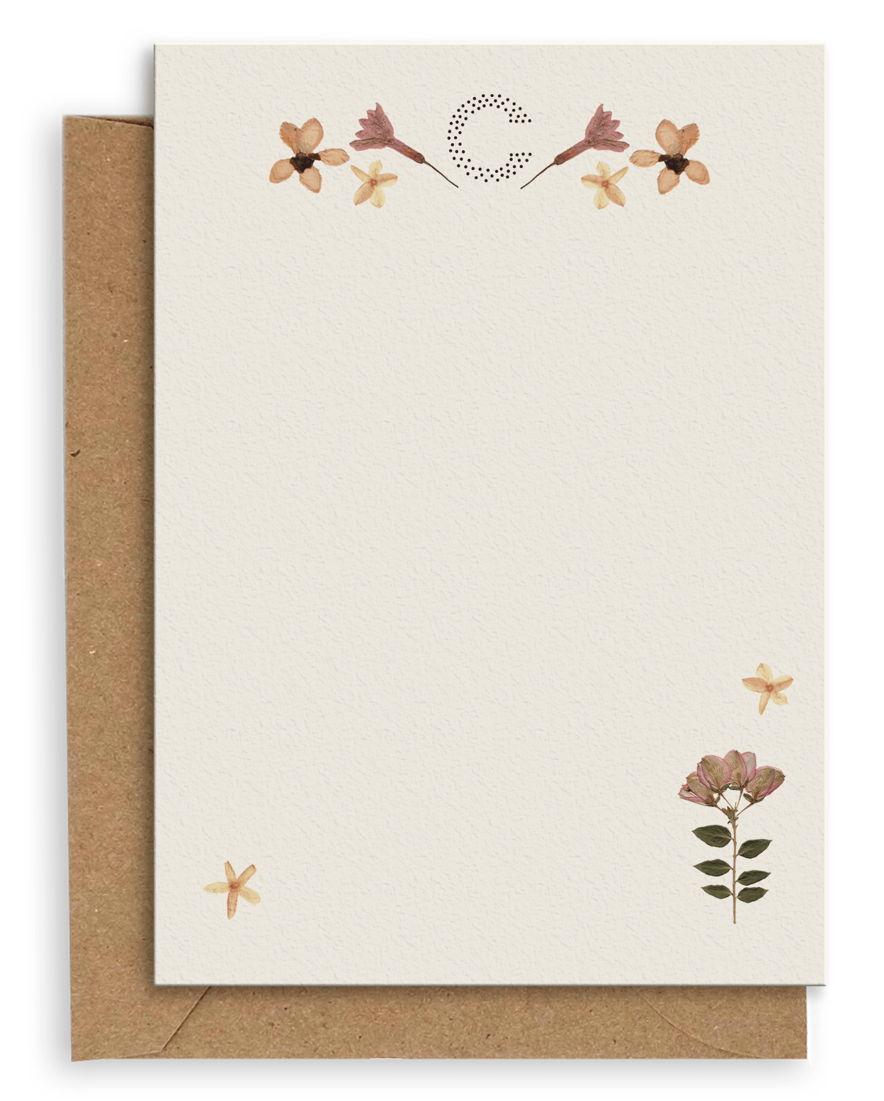 Adelfi monogram "C" notecard with kraft envelopes on a white background.