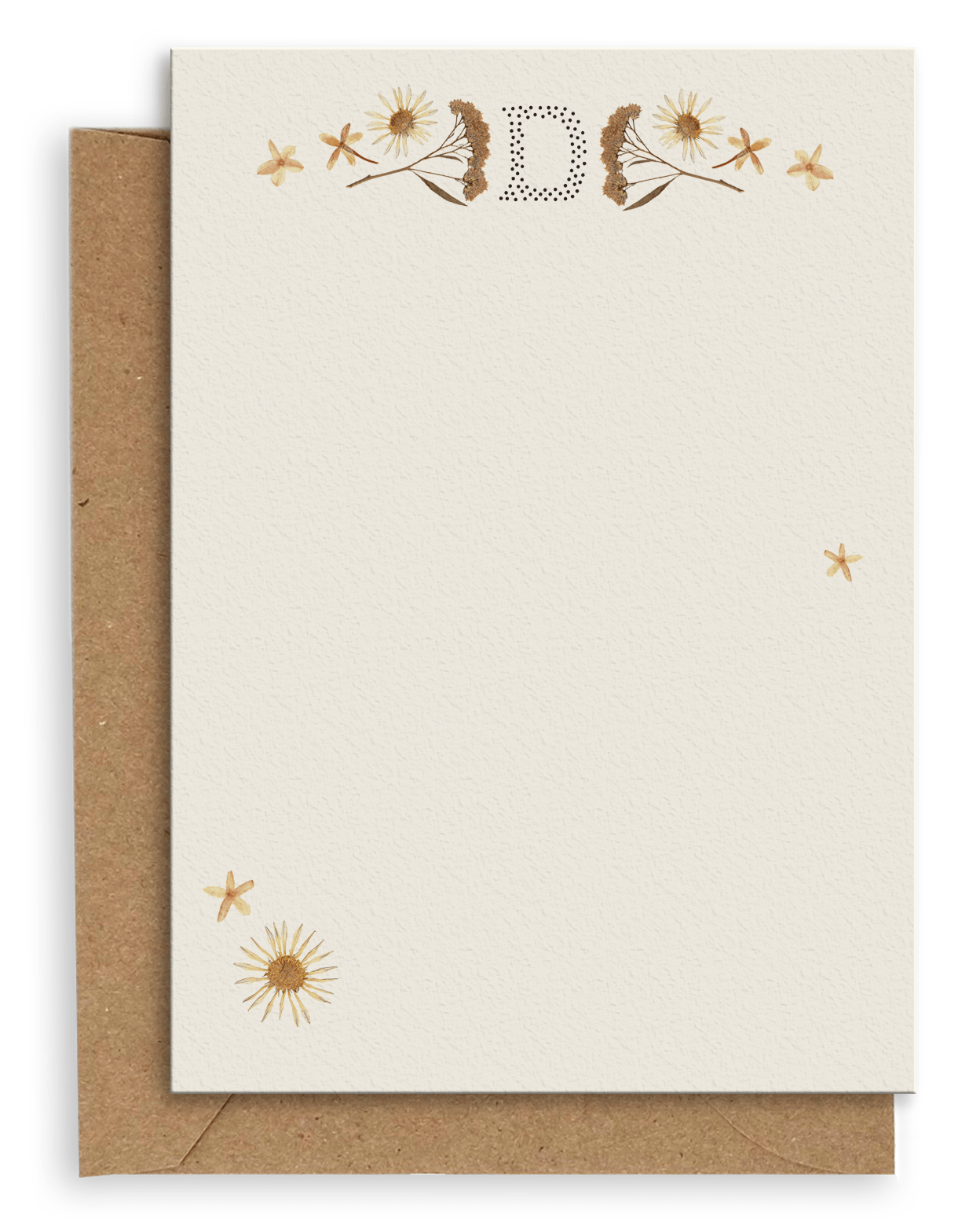 Adelfi monogram "D" notecard with kraft envelopes on a white background.