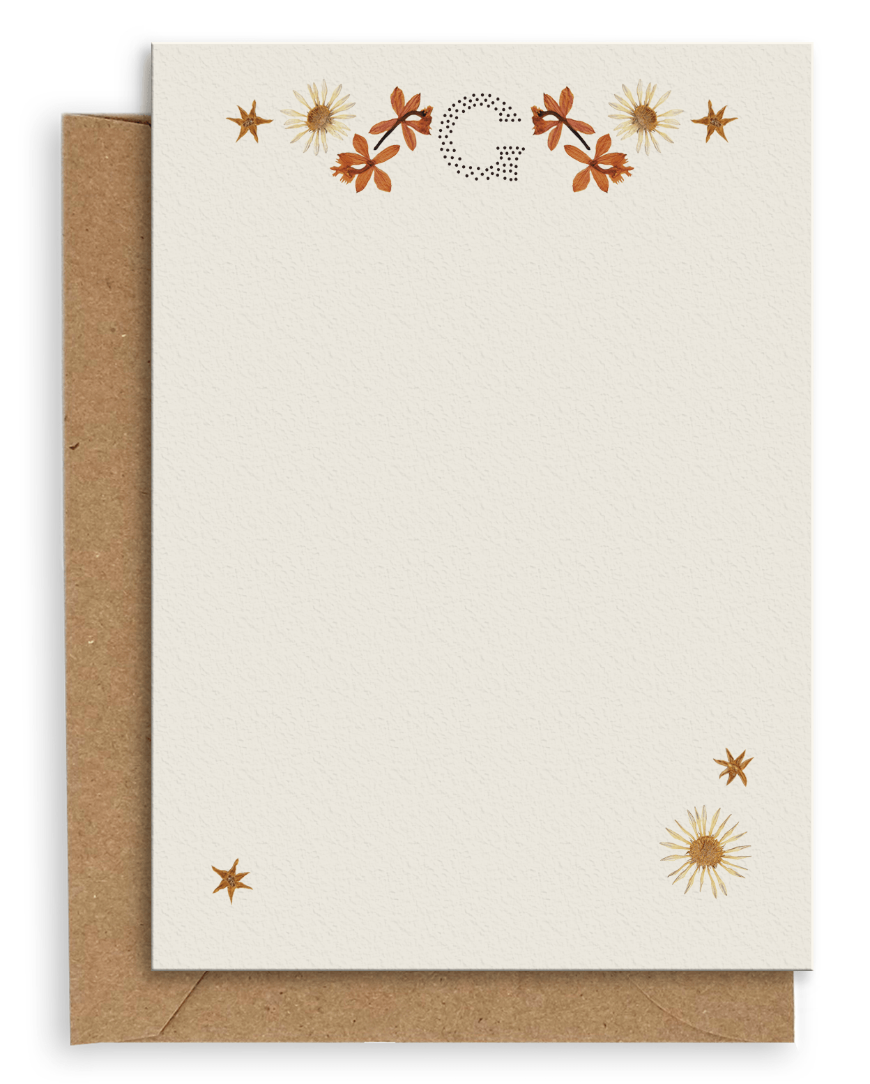 Adelfi monogram "G" notecard with kraft envelopes on a white background.