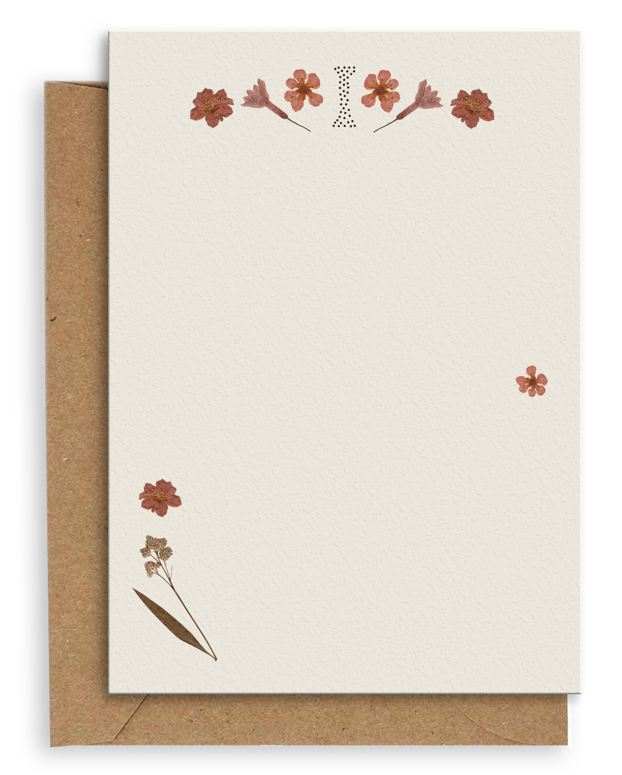 Adelfi monogram "I" notecard with kraft envelopes on a white background.