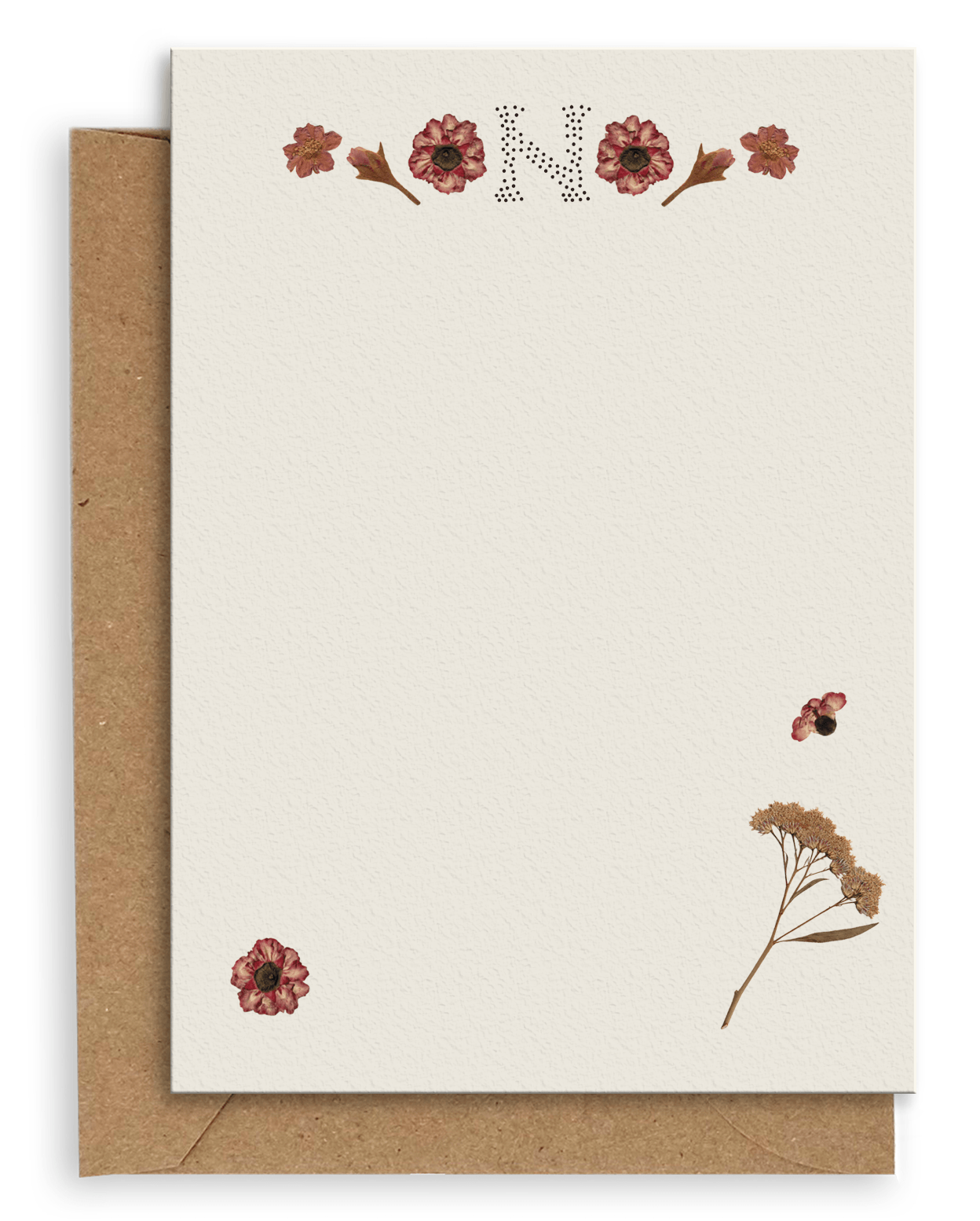 Adelfi monogram "N" notecard with kraft envelopes on a white background.