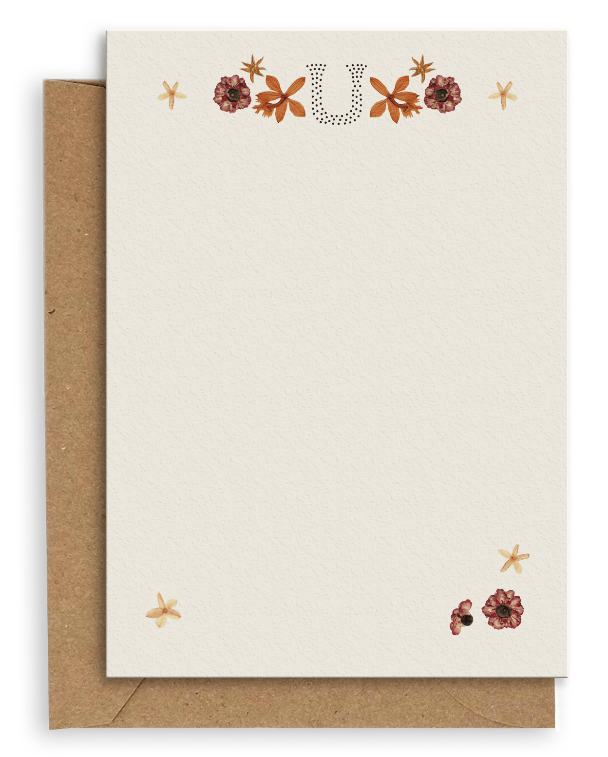 Adelfi monogram "U" notecard with kraft envelopes on a white background.