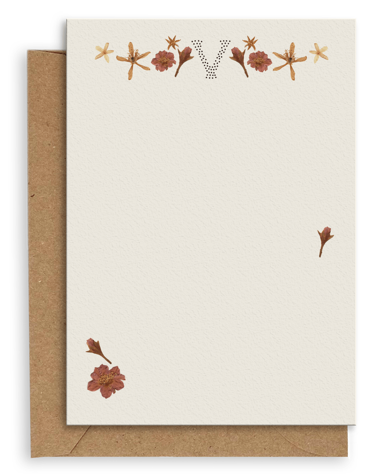 Adelfi monogram "V" notecard with kraft envelopes on a white background.