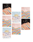 Landscape card pack. 1) Black sky with shooting stars and rainbow mountain. 2) Pink sky with moon, stars, and rainbow mountains. 3) Blue sky with sunset on a pink and yellow ocean.