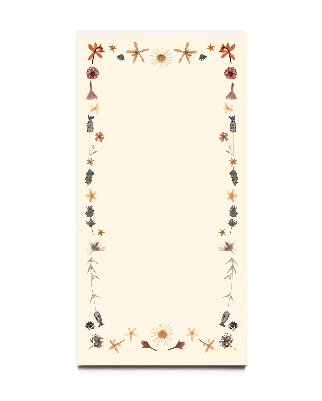 Various pressed flowers line each side of the notepad. Printed on cream colored paper.
