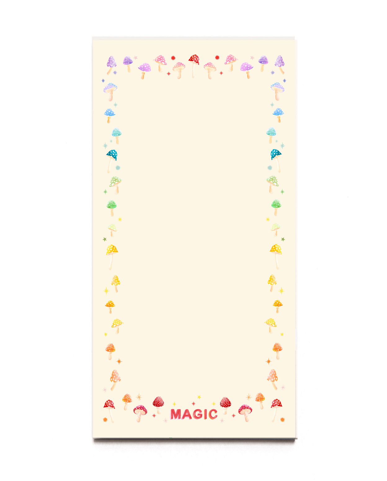 Rainbow colored magic mushrooms line each side of the notepad. Printed on cream colored paper.