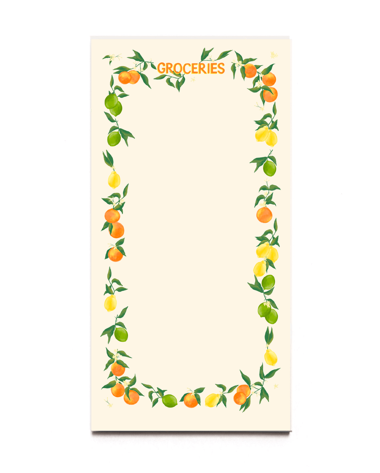 Citrus fruits line each side of the notepad. Printed on cream colored paper.