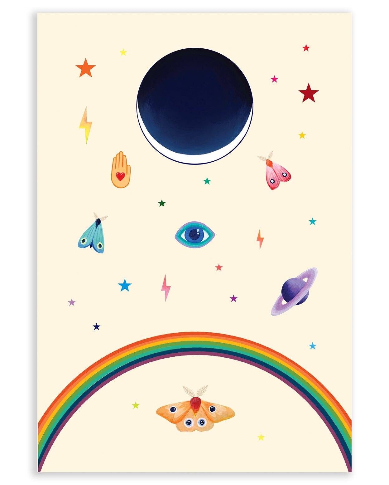 A cream colored card containing an eclipse centerpiece with varying stars, an evil eye, Saturn, moths, lightning bolts, a hand with a heart, and a rainbow printed on cardstock against a white background.