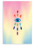 Pink, yellow, and blue gradient background with a blue evil eye on top surrounded by rainbow-colored streaks printed on cardstock against a white background.