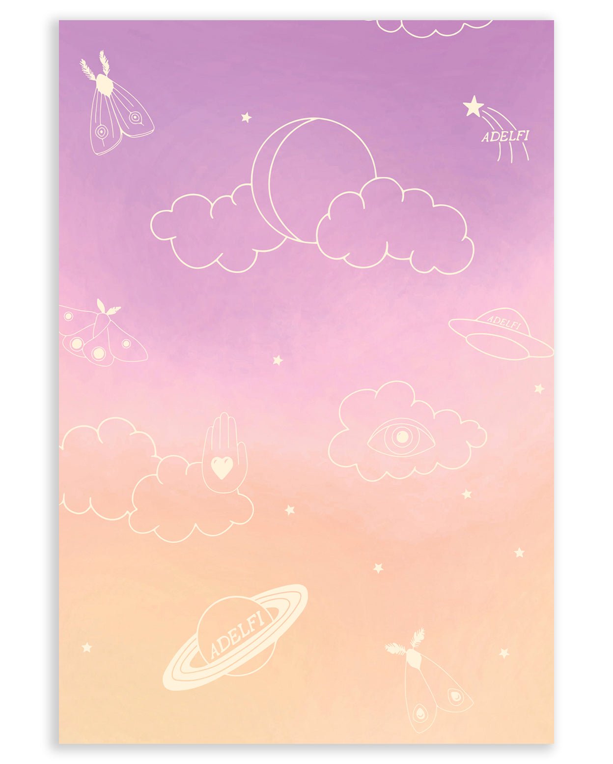 Hollow neon icons such as shooting stars, clouds, an Eclipse, Saturn, moths, a hand with a heart, and an evil eye on a purple and orange ombre background printed on cardstock against a white background.