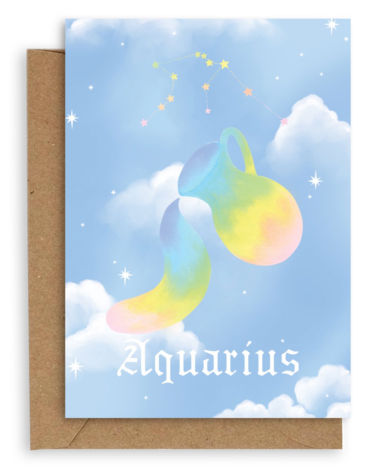 Aquarius Horoscope card with a kraft envelope. The horoscope symbol is painted in rainbow pastel on a blue background with white clouds. 