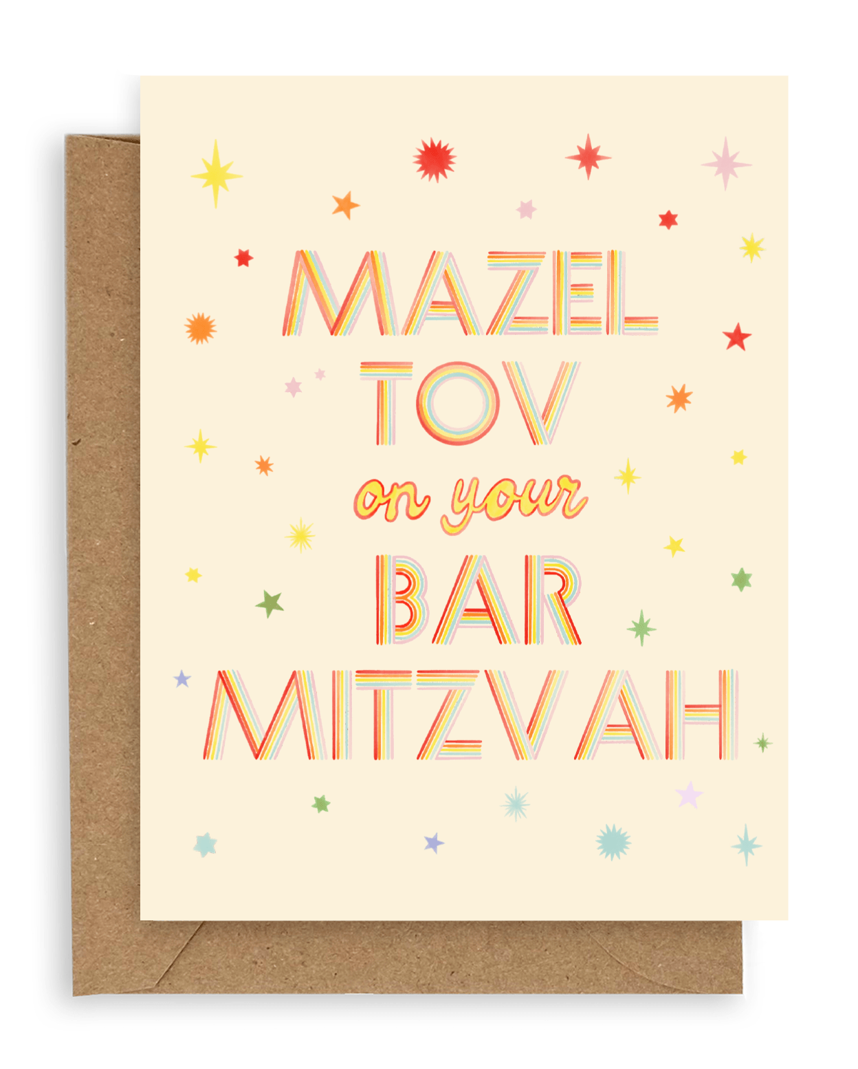 Rainbow stars surround the words "Mazel tov on your bar mitzvah" in multi-color font printed on a cream background. Shown with kraft envelope. 