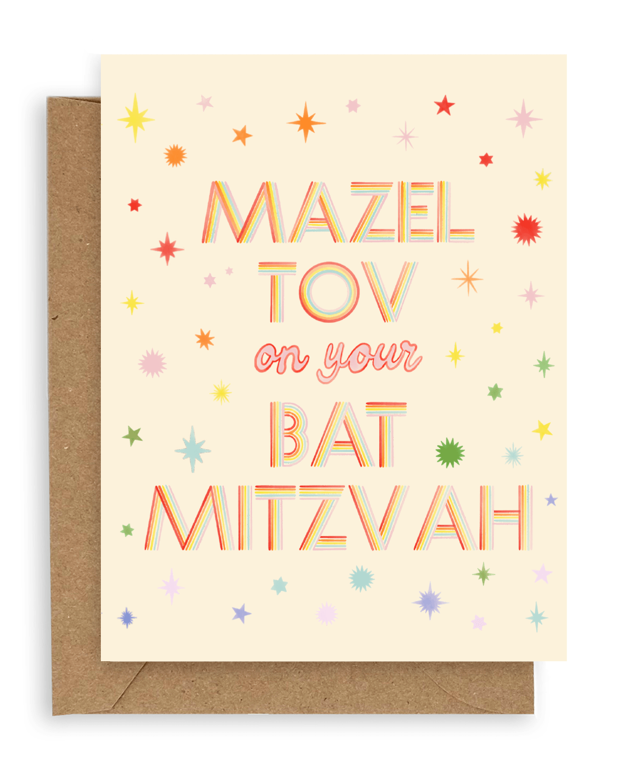 Rainbow colored stars surround the words "Mazel tov on your bat mitzvah" in multi-colored font printed on a cream background. Shown with kraft envelope.