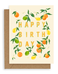 Our new Citrus design features alternating oranges, limes, and lemons surrounding the words "happy birthday" in orange and printed on a cream background. Shown with Kraft envelope.