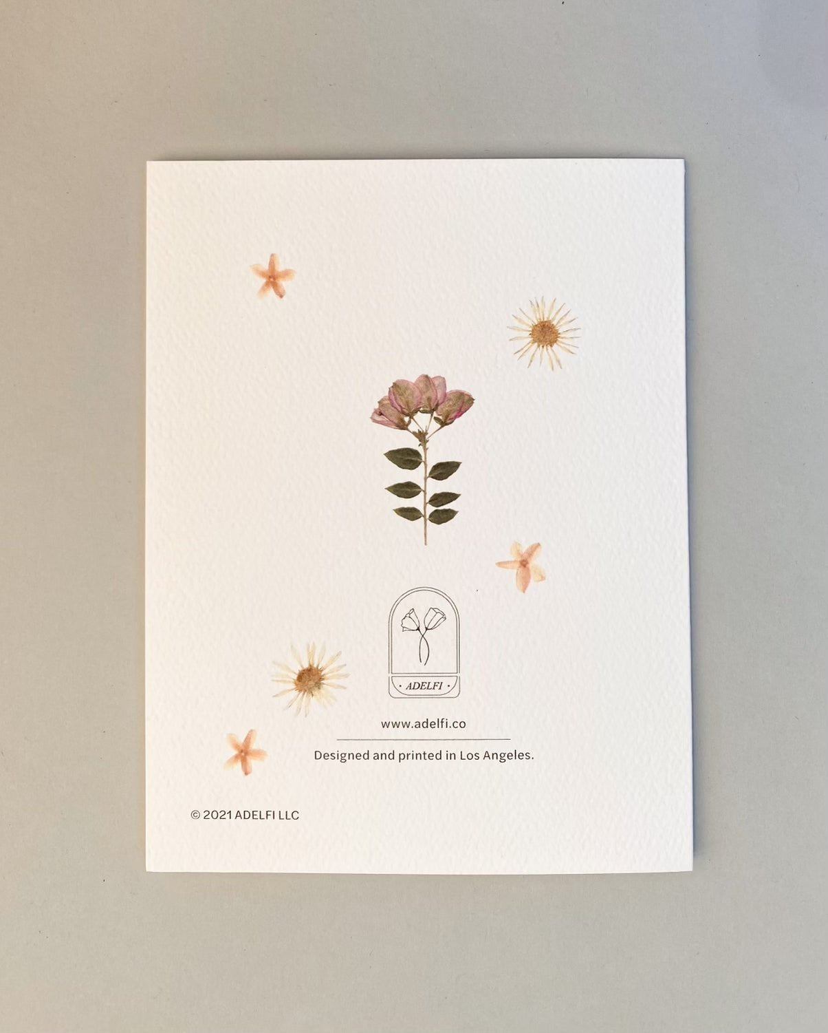 The back of the Adelfi &quot;Congratulations&quot; card with the brand logo and a few scattered pressed flowers.