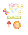 6 new Adelfi stickers: colorful butterfly, the word 'Feelings' in all caps, two daisies, the words 'you are my sunshine' in a sun, red mushroom, and the word 'Dreamy' in a heart
