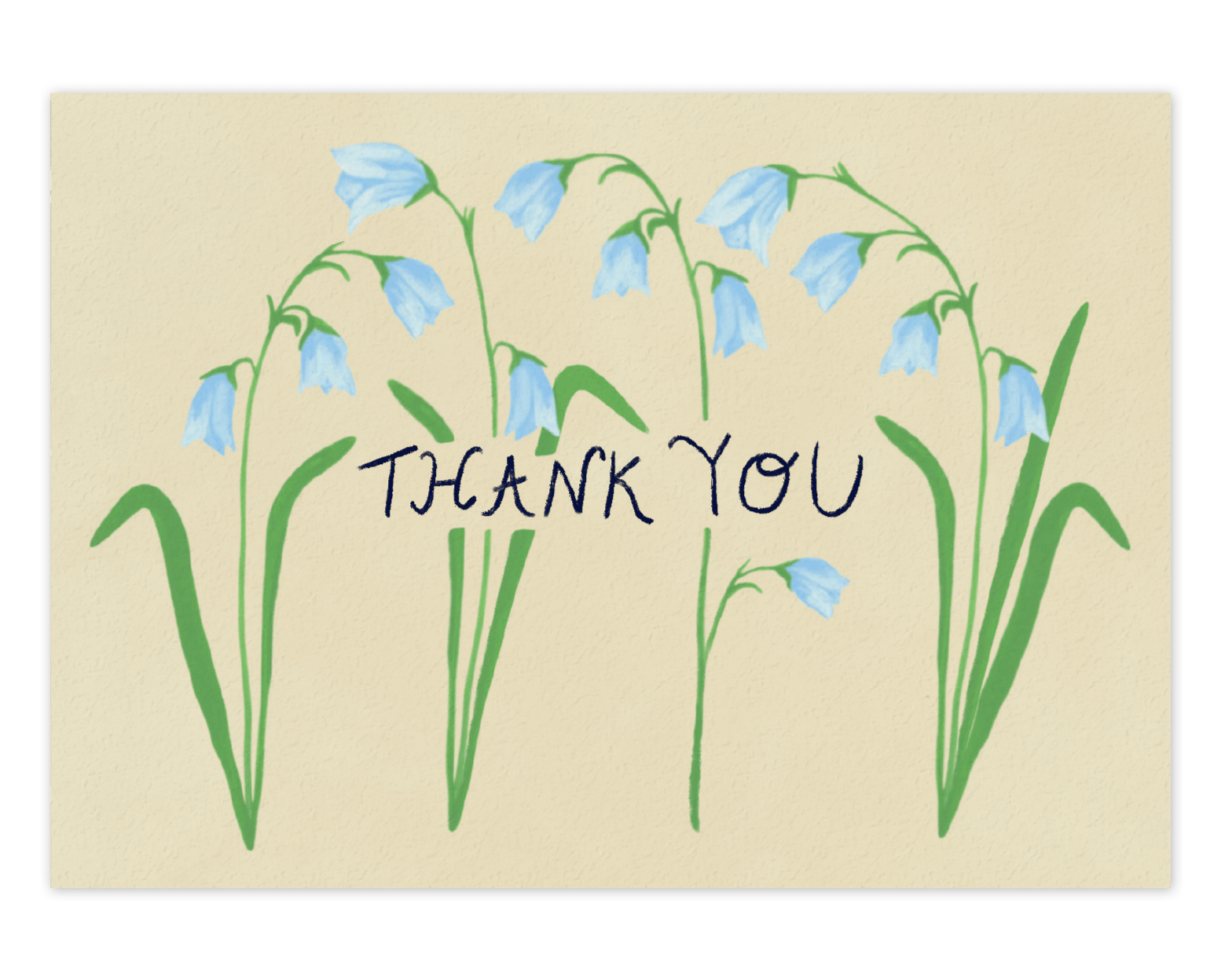 Four stems of drooping blue forest flowers cover the card nearly top to bottom horizontally, with the words &quot;Thank You&quot; going through the center of them in black ink. This design is printed on a cream colored background. 