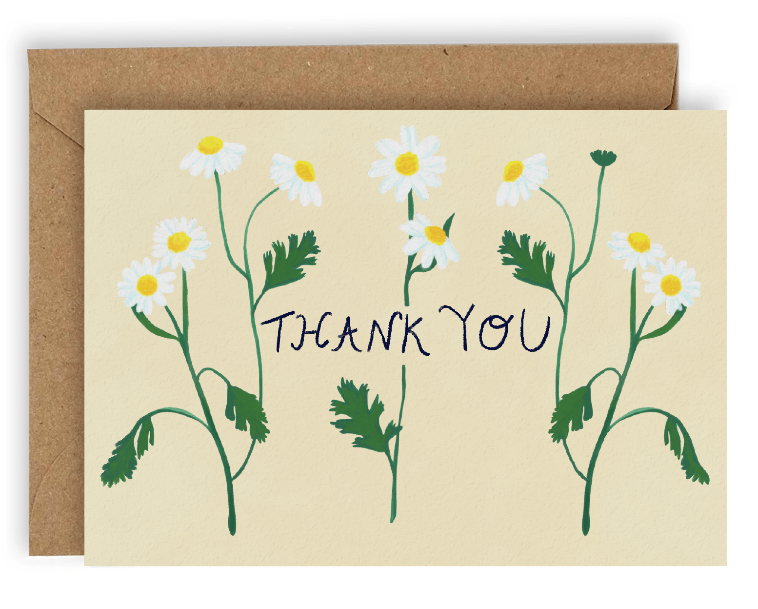 Three stems of lively white forest flowers cover the card nearly top to bottom horizontally, with the words &quot;Thank You&quot; going through the center of them in black ink. This design is printed on a cream colored background. Shown with Kraft envelope.