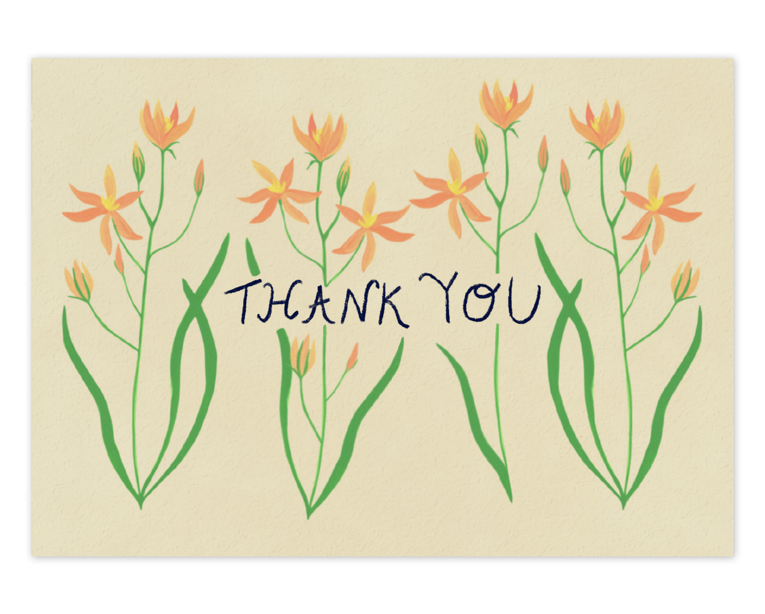 Four stems of orange forest flowers reaching upward cover the card nearly top to bottom horizontally, with the words "Thank You" going through the center of them in black ink. This design is printed on a cream colored background. 