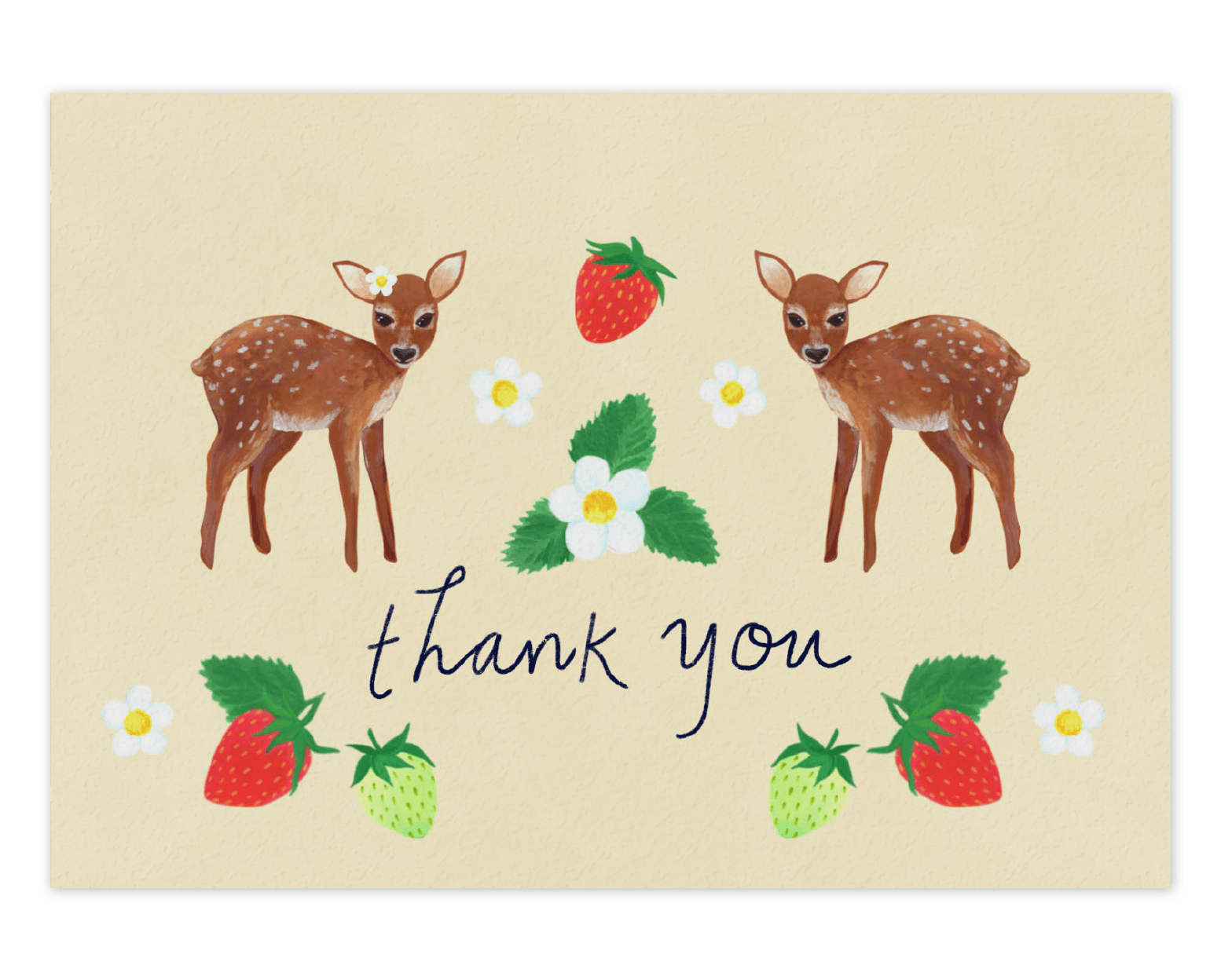 This card features two brown fawn facing each other with heads turned toward the viewer. Three white flowers fill the space between them, with the largest one in the center accompanied by three leaves jutting out on every end and two smaller ones on either side. A lone red strawberry looms above them. Below are the words "Thank You" written in cursive black ink with green, followed by red, strawberries and white flowers on either side. Printed on a cream colored background