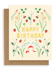 Our new card features a stunning array of forest flora. There are mushrooms, berries and various kinds of flora with orange, white, red, blue, and yellow blooms printed on a cream background. Shown with kraft envelope.