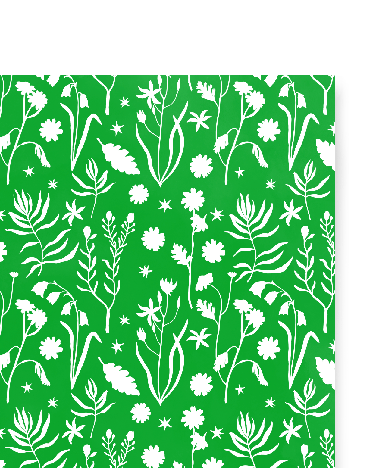 This holiday gift wrap features various kinds of flora printed on a primary green background.