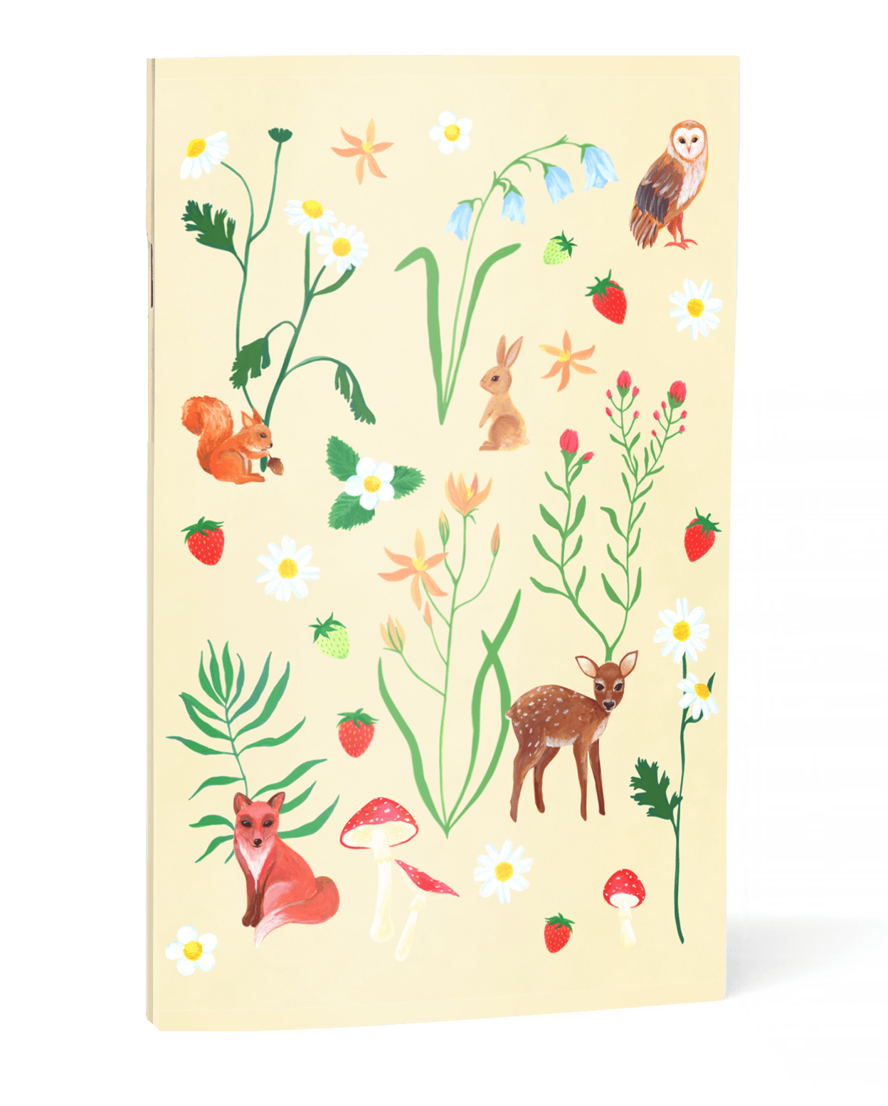 Forest creatures design with forest flowers, an owl, fox, fawn, rabbit, squirrel, mushrooms and strawberries in various array printed on a cream colored background.