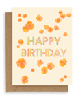 Orange California poppies surround the words "happy birthday" in multicolor printed on a cream background. Shown with kraft envelope.