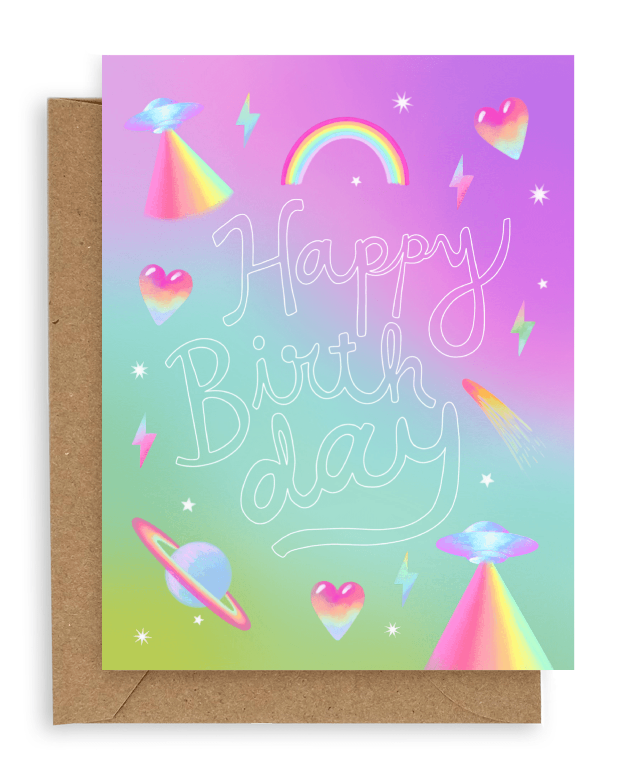 Greeting card with "happy birthday" across the front in white hollow font with neon icons printed on a gradient pink and blue background. Shown with kraft envelope.