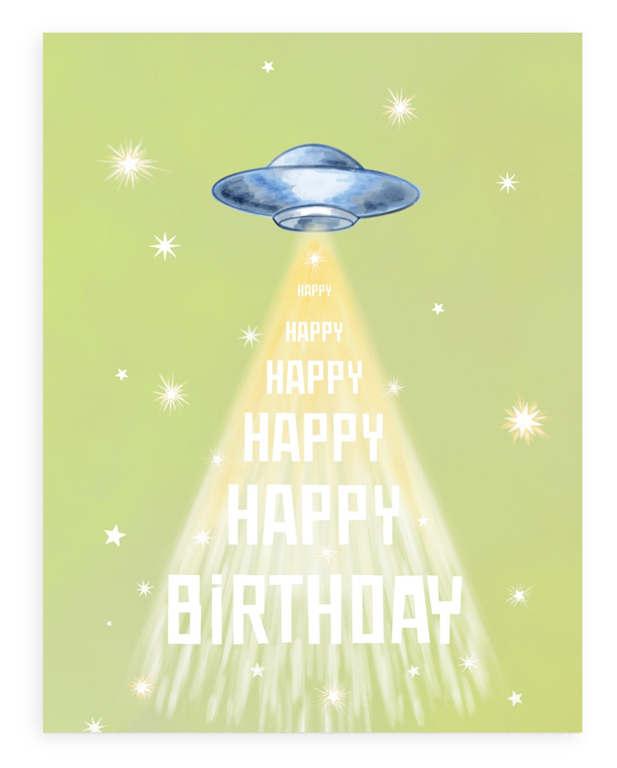 Greeting card with green background featuring stars and flying saucer with "happy birthday" printed down the front. Shown on white background.