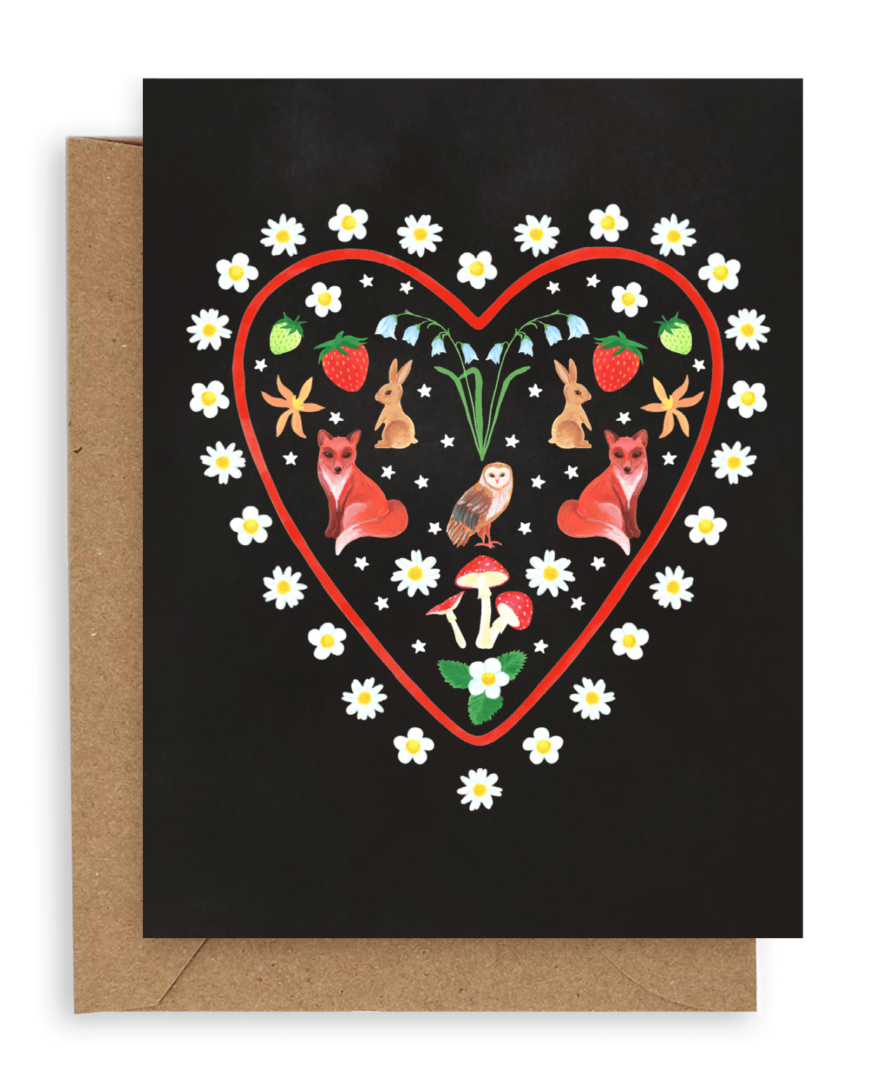 A red heart-shaped outline surrounded by white flowers with two foxes facing away from each other, two rabbits facing opposite above them, and an owl in the middle with forest flowers above, red mushrooms and white flowers below, and strawberries/flowers above. Printed on a black background. Shown with Kraft envelope.