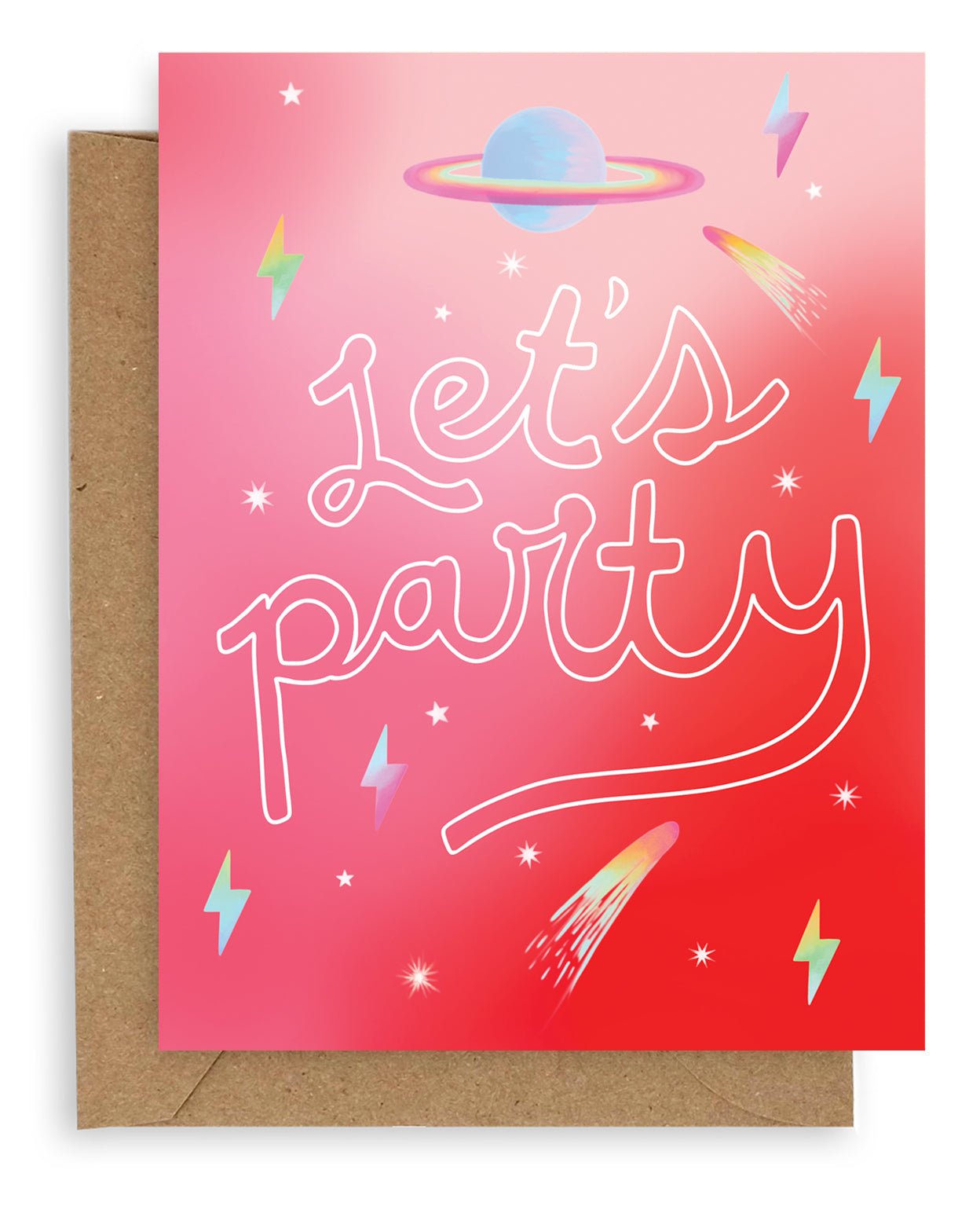"Let's Party" printed in large cursive on an ombre red background with lightning bolts, still and shooting stars, and a blue Saturn design on a kraft envelope. 