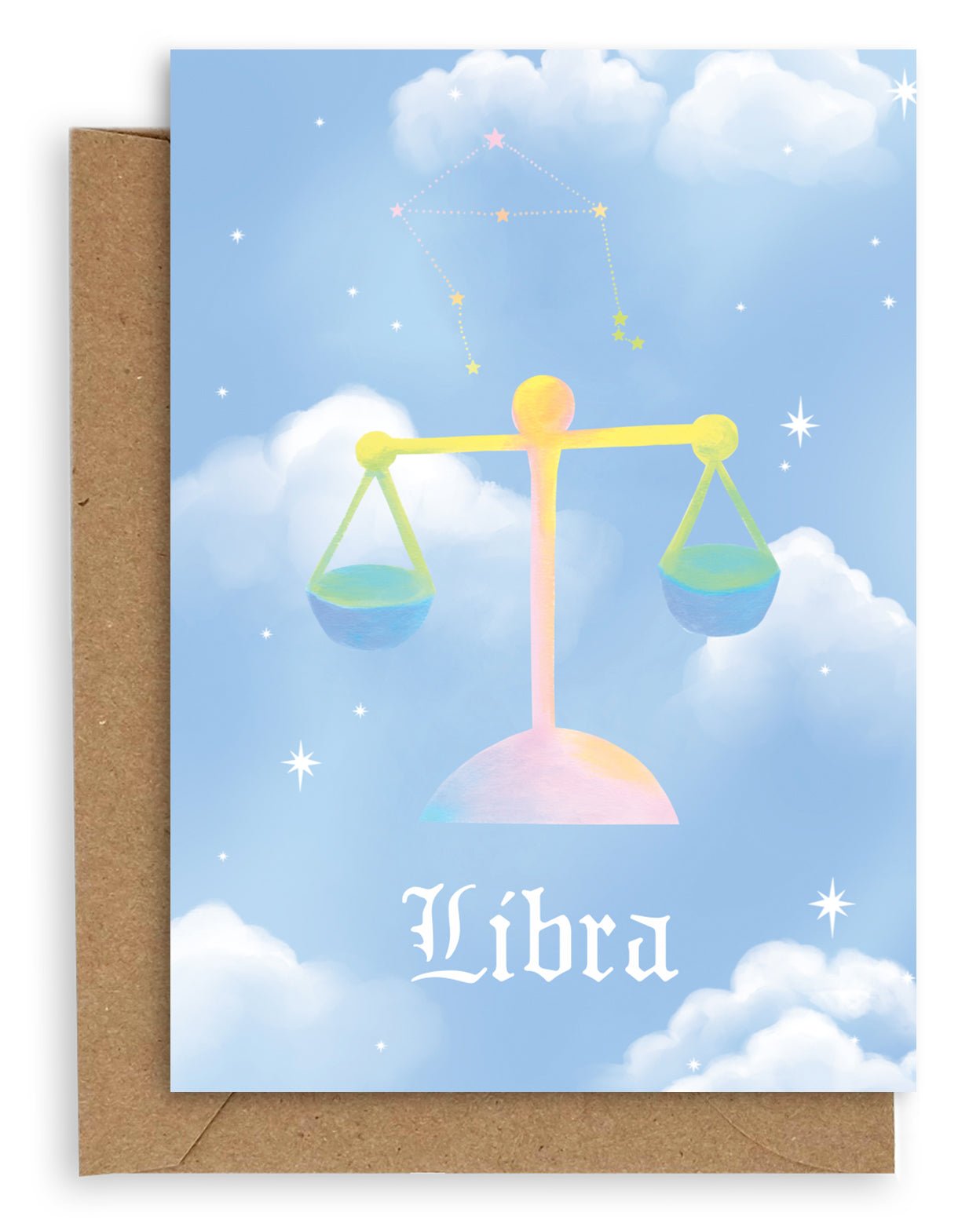 Libra  Horoscope card with a kraft envelope. The horoscope symbol is painted in rainbow pastel on a blue background with white clouds. 