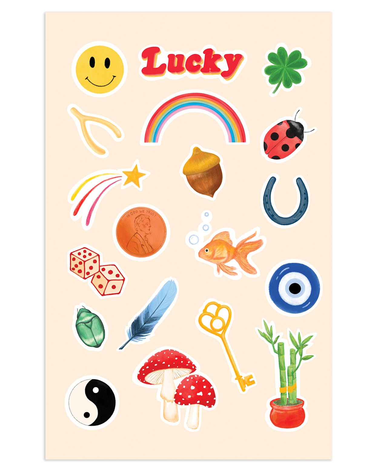 Lucky Charms sticker sheet with varying lucky items on a cream colored sheet against a white background.