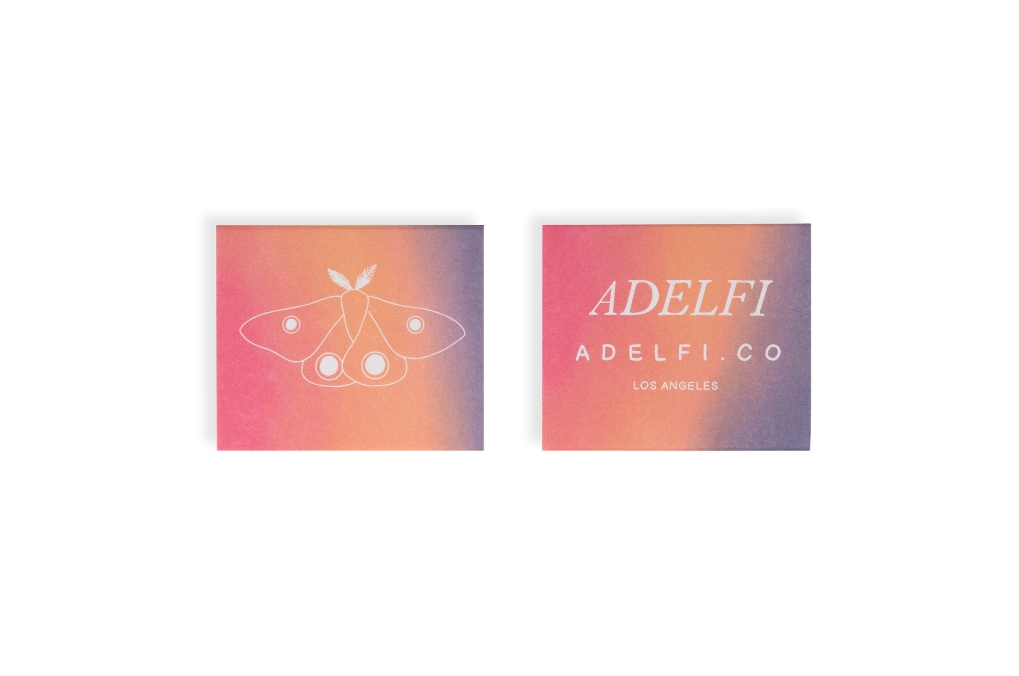 Adelfi matchbox front moth and back logo