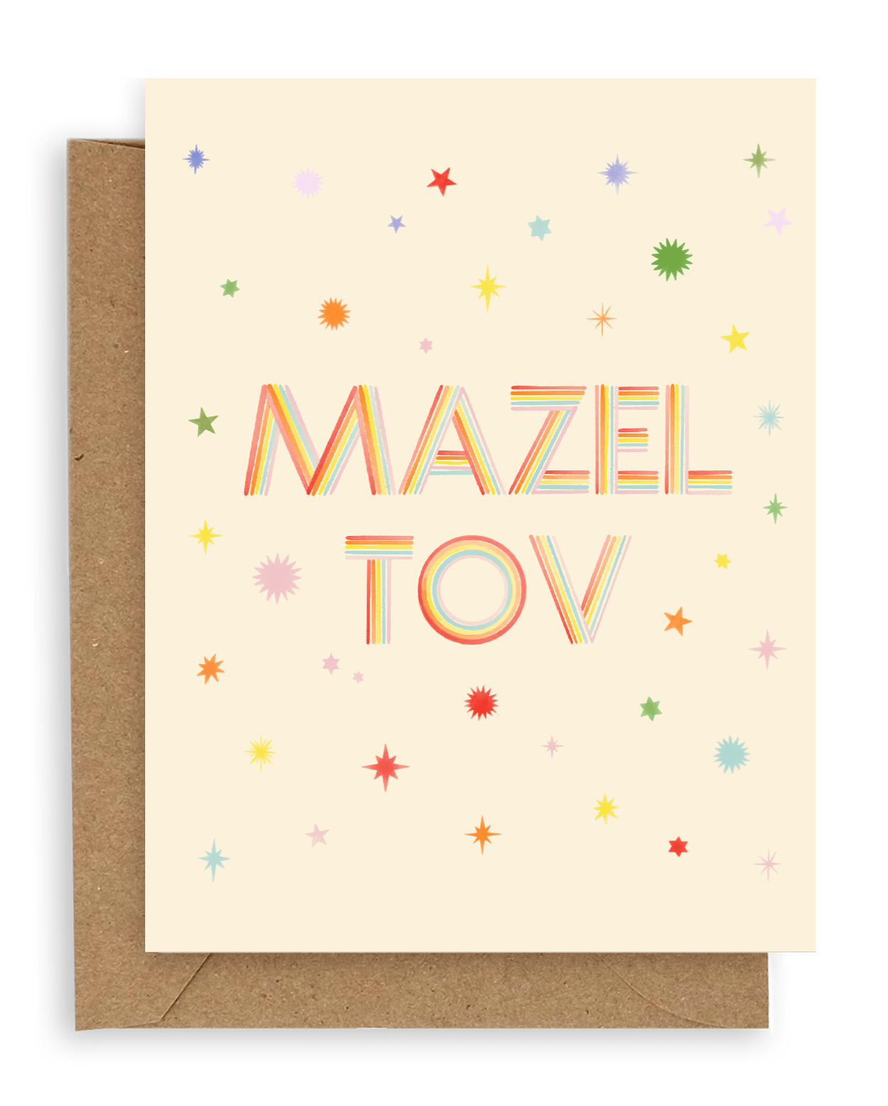 Rainbow colored stars surround the words &quot;Mazel Tov&quot; in multi-colored font printed on a cream background. Shown with kraft envelope. 