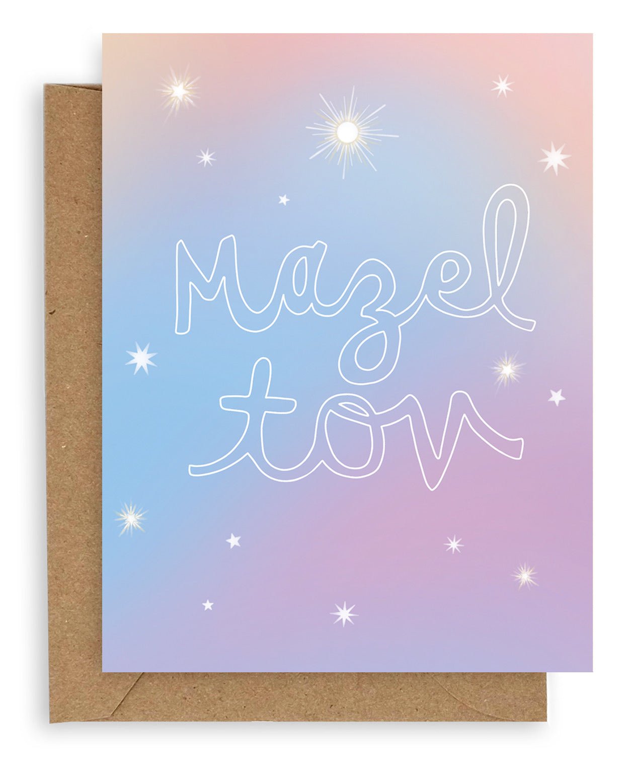 &quot;Mazel Tov&quot; in large, hollow cursive on a gradient blue-lavender background with various kinds of stars printed on cardstock with a kraft envelope.