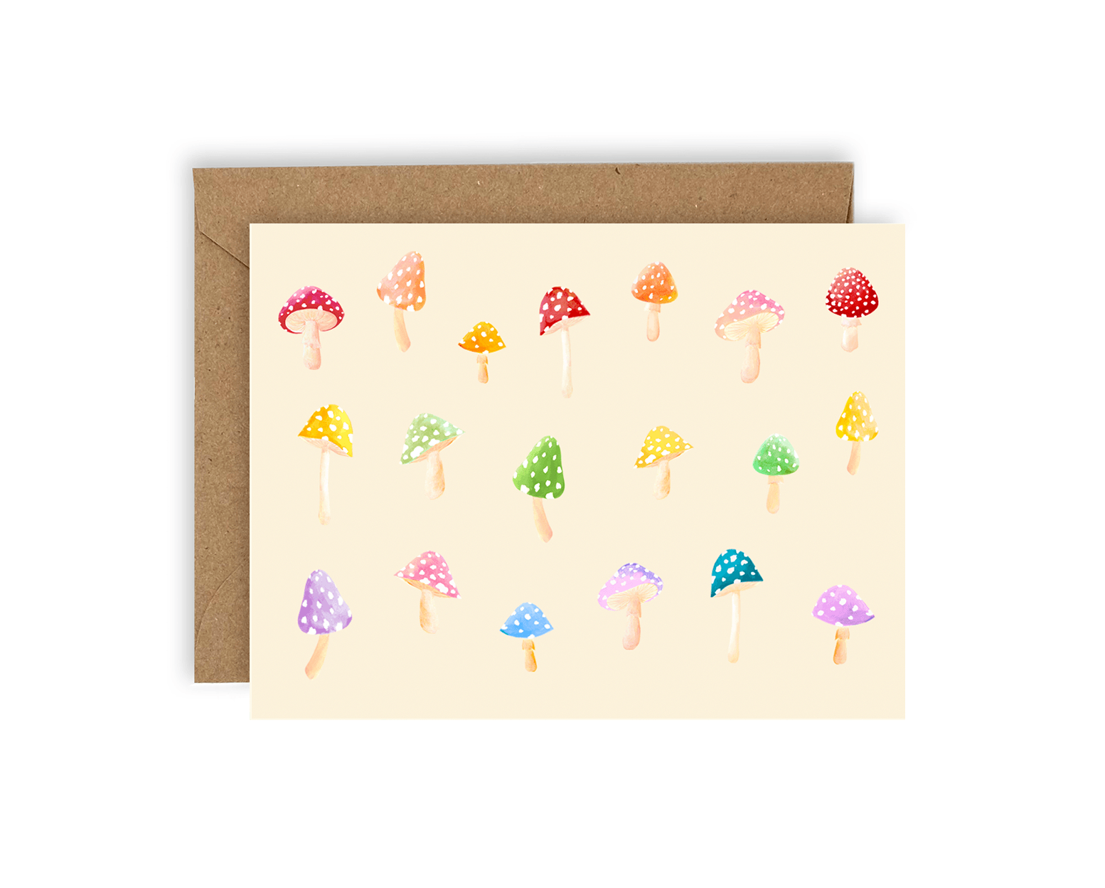 Rainbow colored mushrooms printed on a cream background. Shown with kraft envelope.