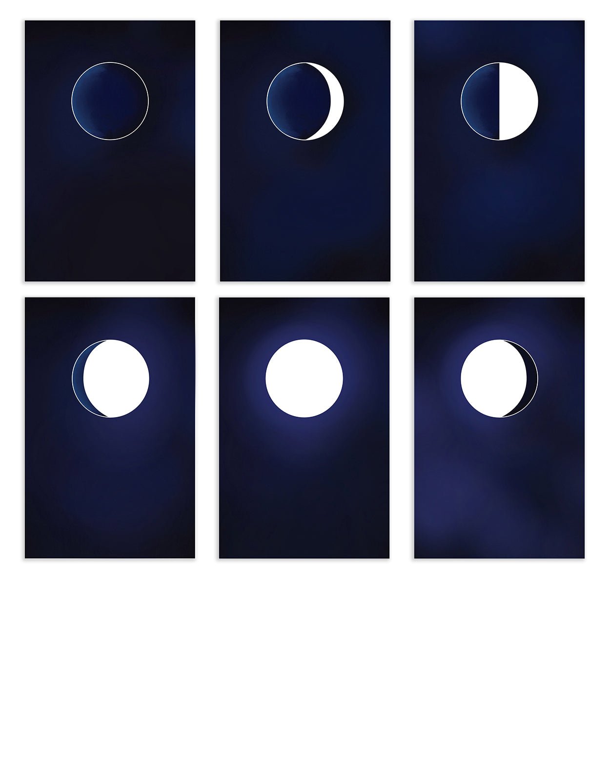 Phases of the moon postcards with dark blue backgrounds.