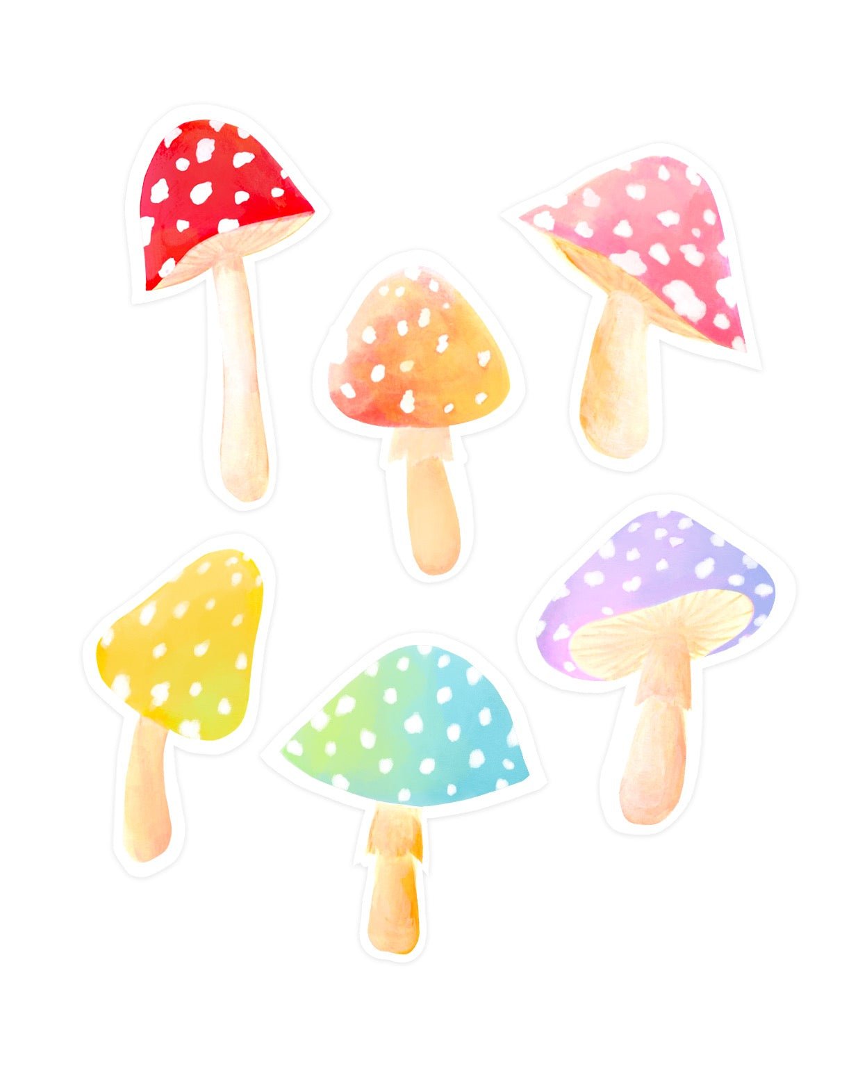 Red, orange, pink, yellow, blue, and purple mushrooms in this soft touch sticker pack.