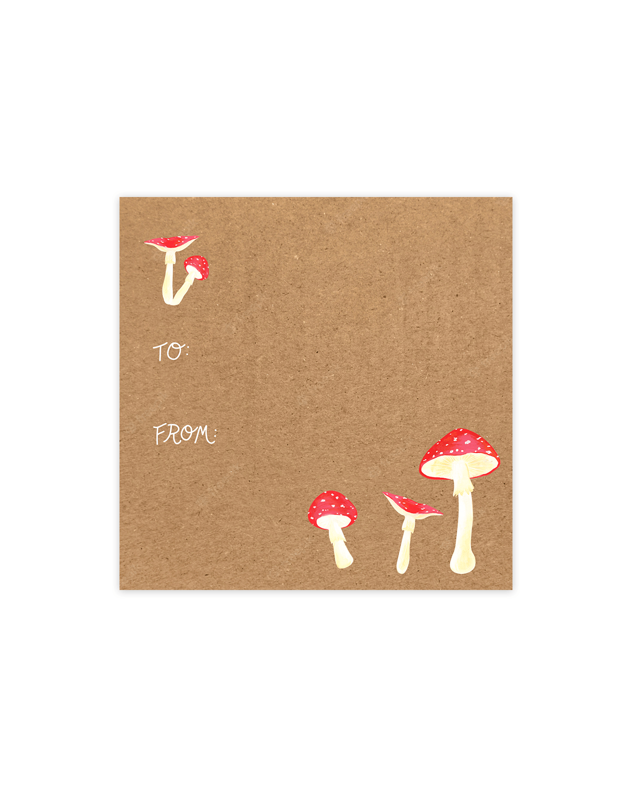 This gift tag features red magic mushrooms of varying height aligned diagonally in the upper left and lower right hand corners, with the words &quot;To&quot; and &quot;From&quot; in cursive all-caps font aligned center left. 