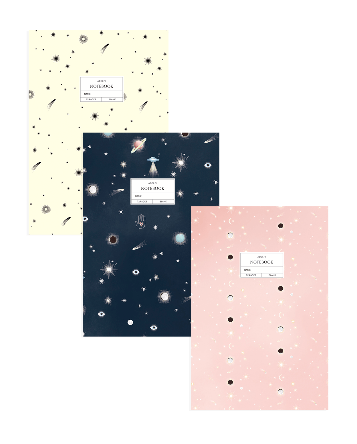 Adelfi notebook trio on a white background. One notebook has a cream background with black stars and comets, the second is navy blue with mystical outer space icons, and the third is pink with stars and eclipsing moons. 
