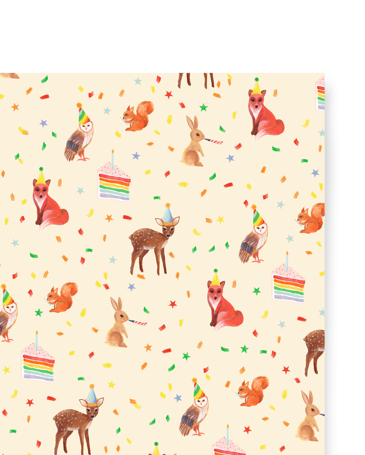 Forest creatures (squirrels, deer, foxes, owls, bunnies) adorned with party hats of various colors surrounded by rainbow confetti, rainbow stars, and rainbow cake!