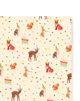 Forest creatures (squirrels, deer, foxes, owls, bunnies) adorned with party hats of various colors surrounded by rainbow confetti, rainbow stars, and rainbow cake!